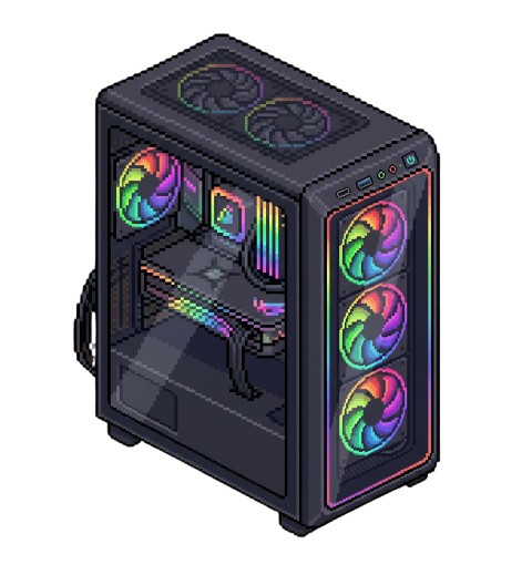 Ilustrasi pixel art komputer desktop dengan kipas RGB